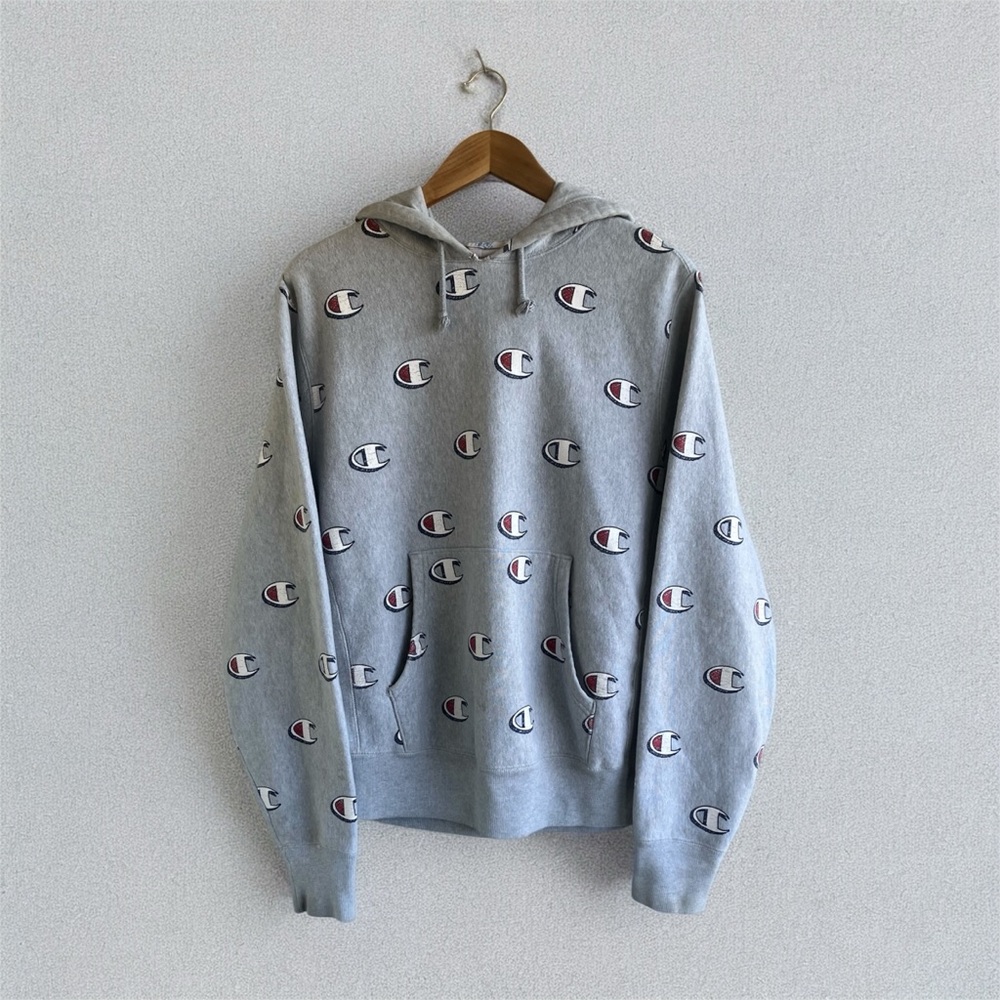 Champion Logo AOP Reverse Weave Hoody Sweatshirt 2010s Streetwear